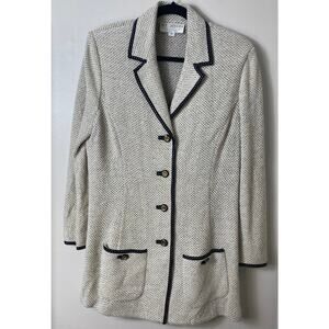 VTG ST JOHN JACKET 12 BLAZER SANTANA KNIT LONGLINE BLACK GRAY CREAM BUSINESS